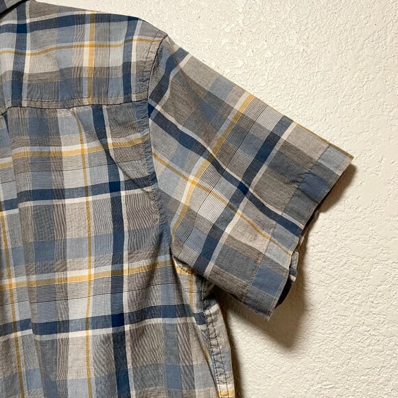 prAna Button Up Short Sleeve Blue Grey Yellow Cream Men's Size M - Picture 7 of 14